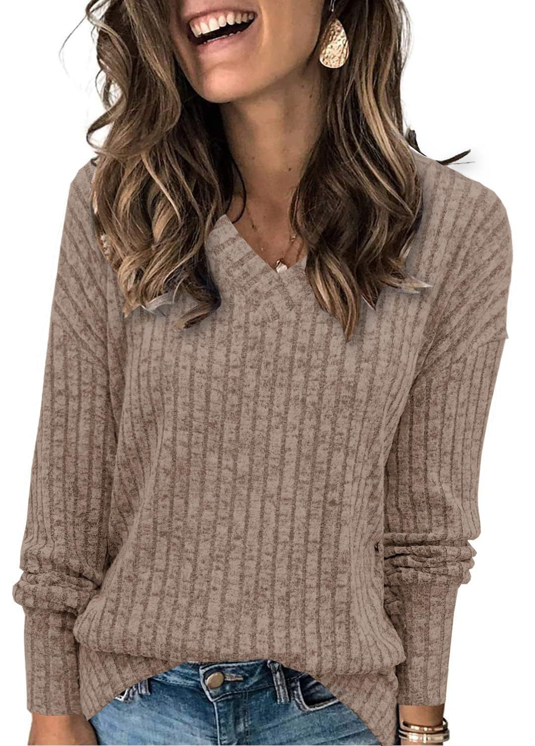 Damen V-Ausschnitt Pullover mit Rippstruktur EB