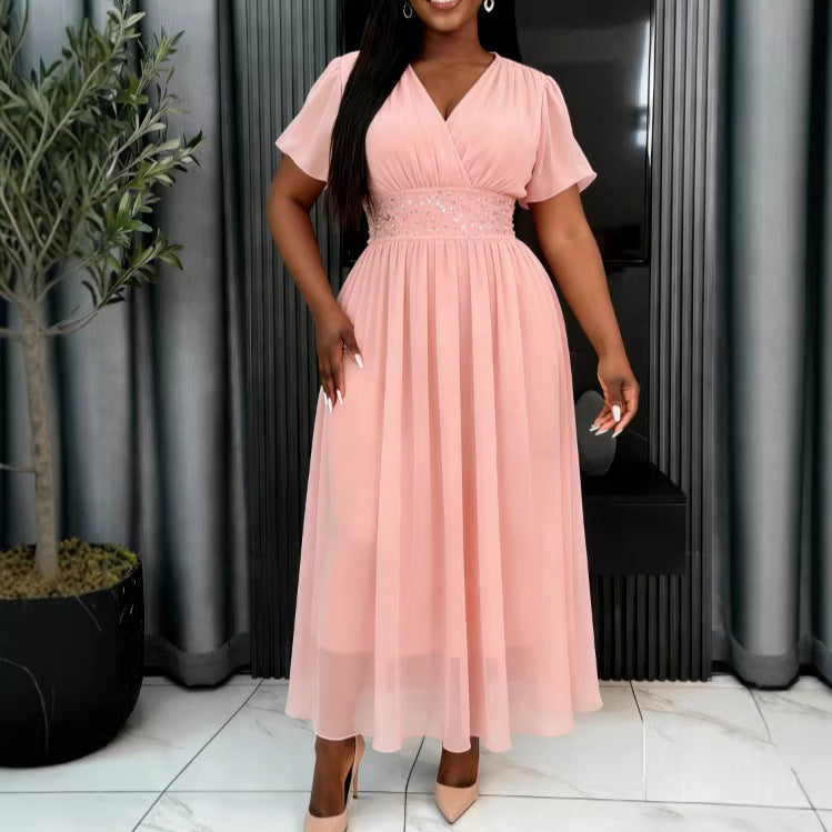 Damen Elegant Fließendes Maxikleid mit V-Ausschnitt und Taillierung EB