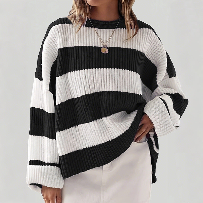 Damen gestreifter Strickpullover mit weitem Schnitt EB