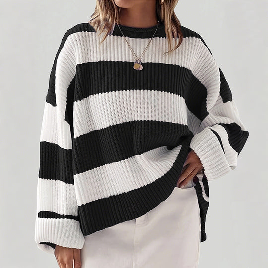 Damen gestreifter Strickpullover mit weitem Schnitt EB