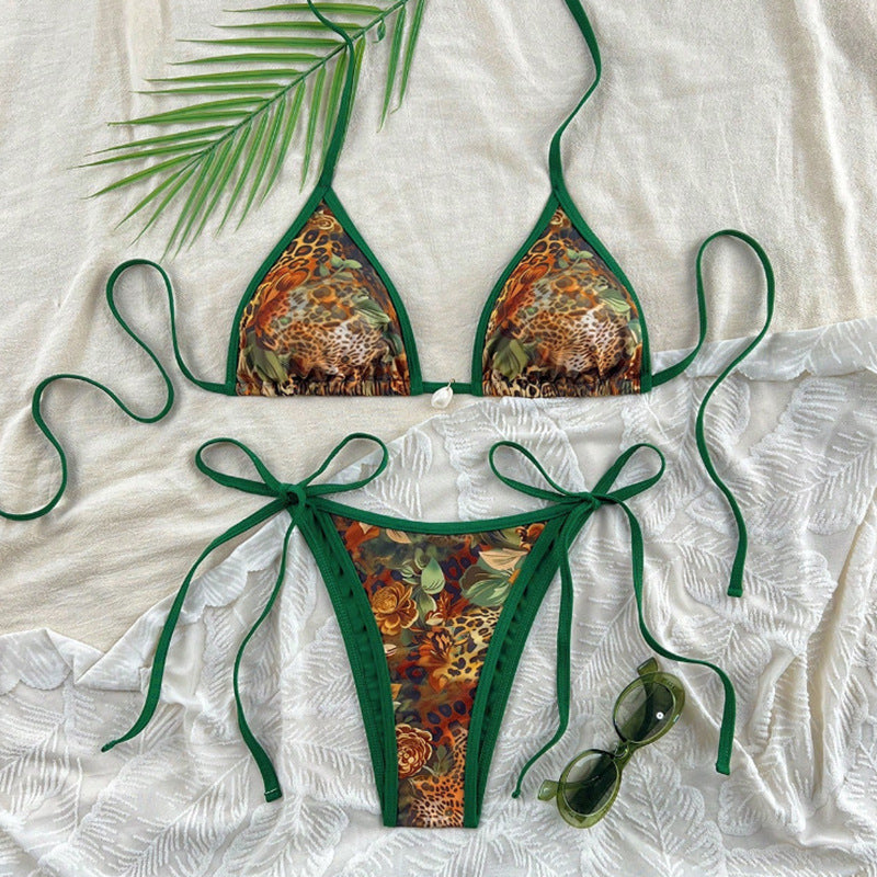 Damen Triangel-Bikini mit animalischem Muster und seitlichen Krawatten EB