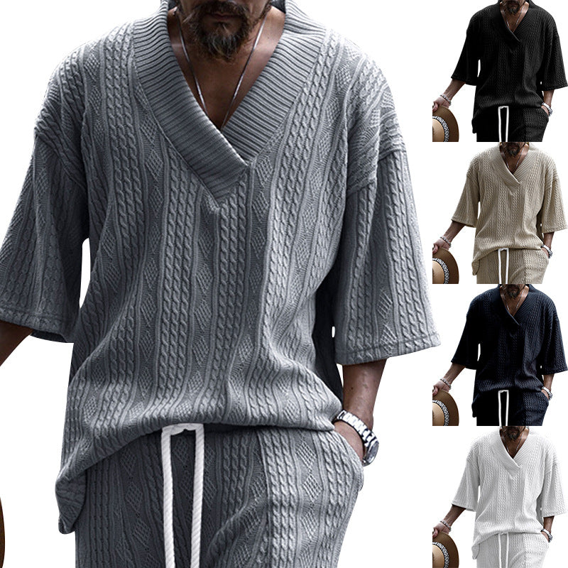 Herren nan großzügiger Grobstrick-Pullover mit tiefem V-Ausschnitt und dreiviertel Ärmeln EB