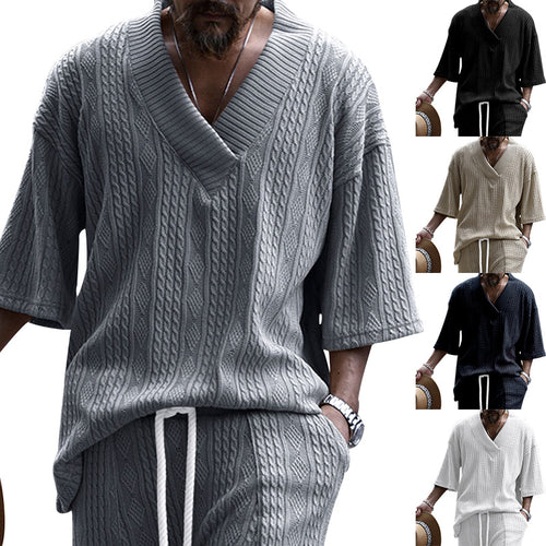 Herren nan großzügiger Grobstrick-Pullover mit tiefem V-Ausschnitt und dreiviertel Ärmeln EB
