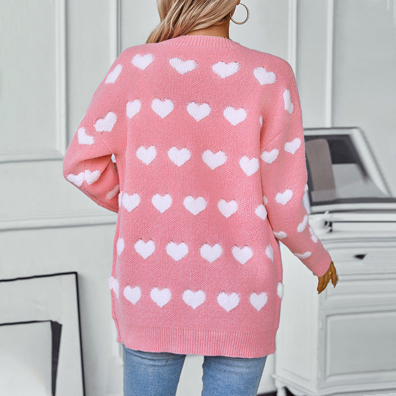 Damen gemütliche Strickjacke mit Herzmuster und V-Ausschnitt EB