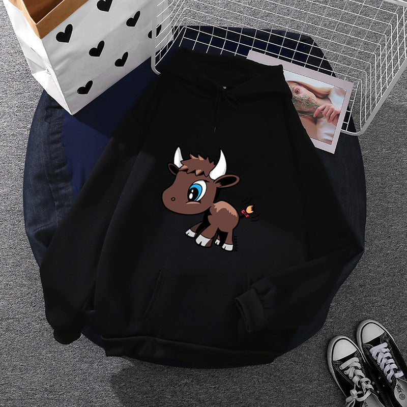Damen nan Kapuzenpullover mit charmantem Stier-Karikaturprint, Kängurutasche und entspanntem Oversize-Schnitt EB