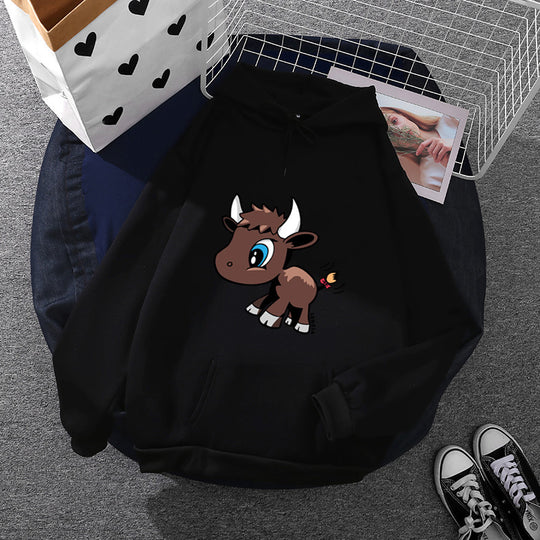 Damen nan Kapuzenpullover mit charmantem Stier-Karikaturprint, Kängurutasche und entspanntem Oversize-Schnitt EB