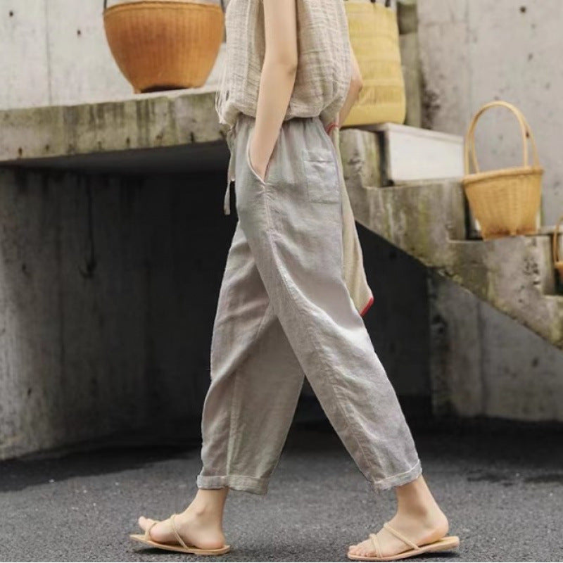 Damen lässige Leinenhose mit elastischem Bund und seitlichen Taschen EB