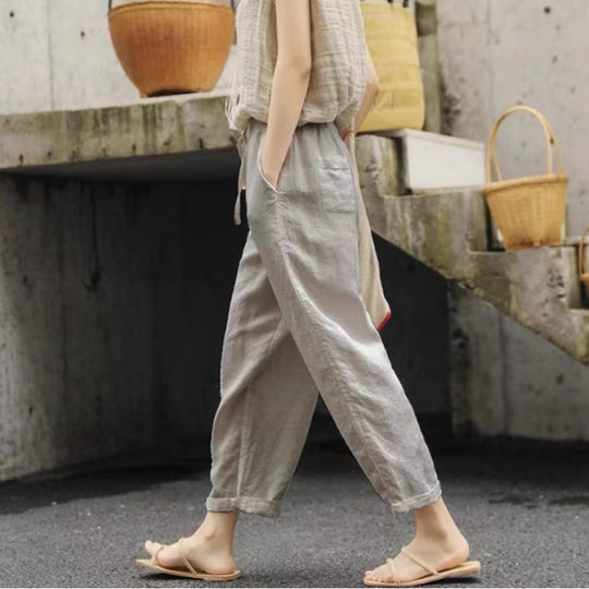 Damen lässige Leinenhose mit elastischem Bund und seitlichen Taschen EB