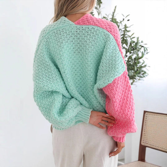 Damen kuschelige Strickjacke mit oversized Ärmeln und Farbkombination EB
