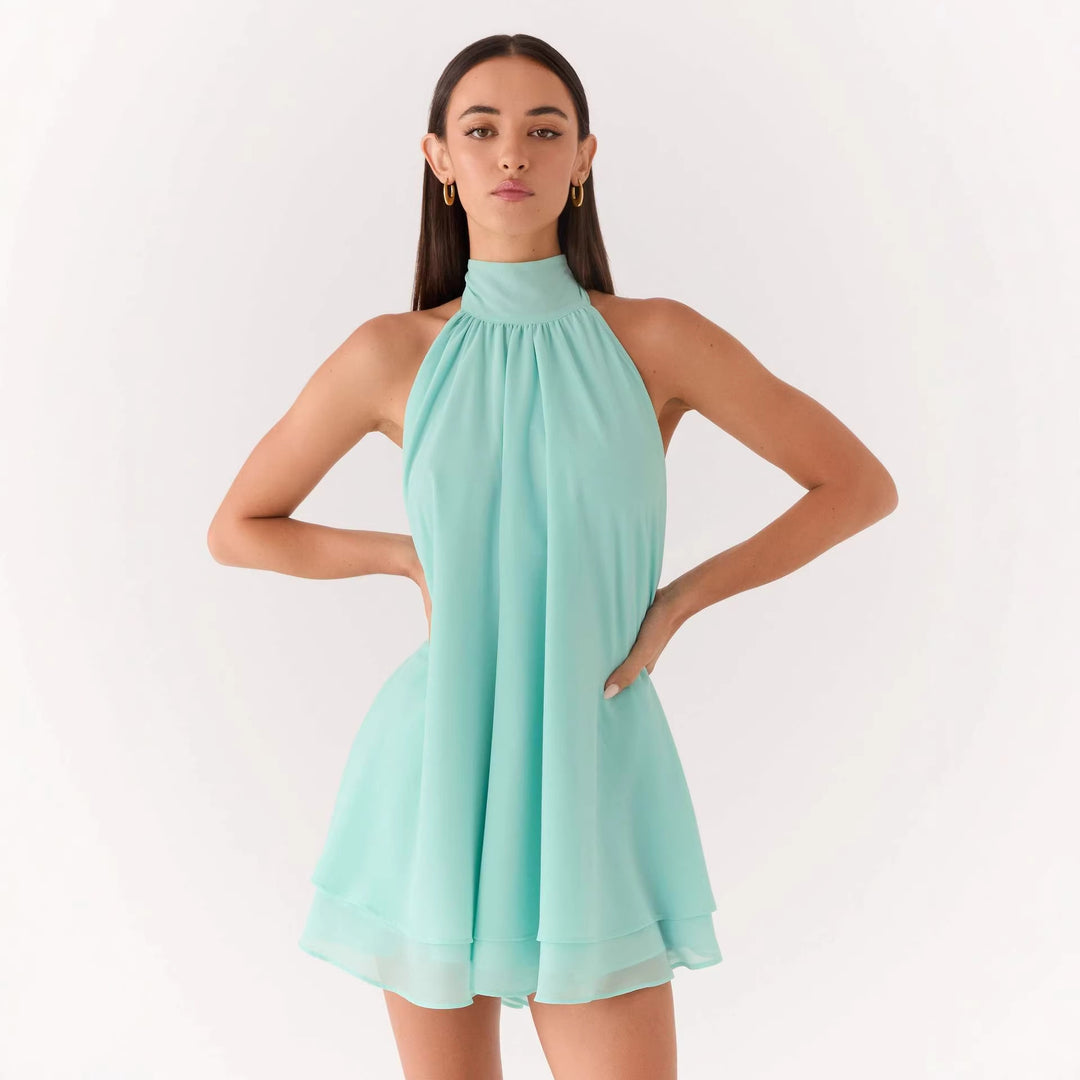 Damen elegantes Hochgeschlossenes Minikleid mit fließendem Stoff und verspieltem Volant EB