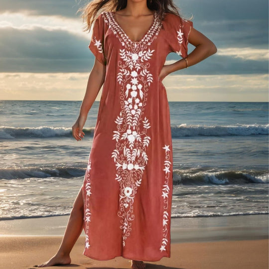 Damen eleganter Strandüberwurf mit filigranem Stickereidesign EB