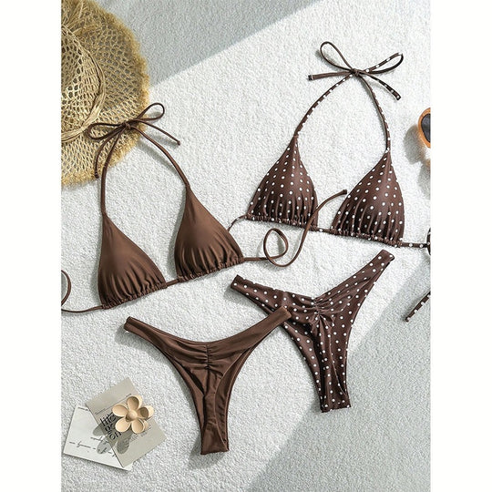 Damen Triangel-Bikini-Set mit modischem Punkte-Design und verstellbaren Bändern EB