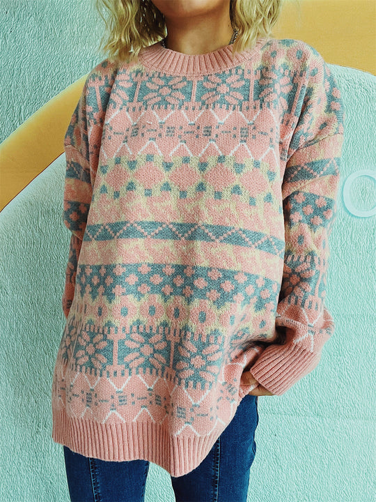 Damen gemütlicher Strickpullover mit winterlichem Muster und lässigem Schnitt EB