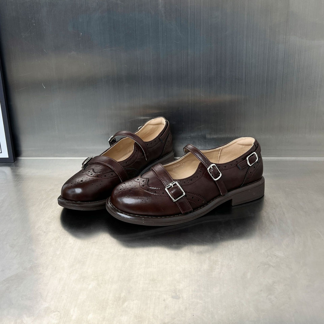 Damen elegante Ballerinas mit doppeltem Riemenverschluss und dekorativem Lochmuster EB