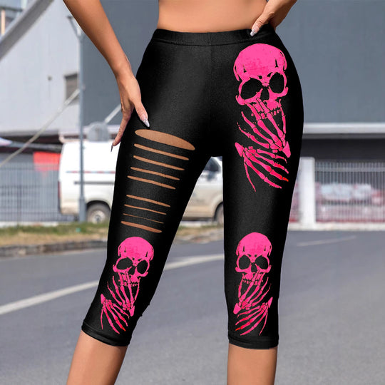 Damen Leggings mit auffälligem Totenkopf-Print und modischen Cut-Outs EB
