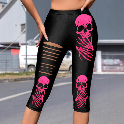 Damen Leggings mit auffälligem Totenkopf-Print und modischen Cut-Outs EB