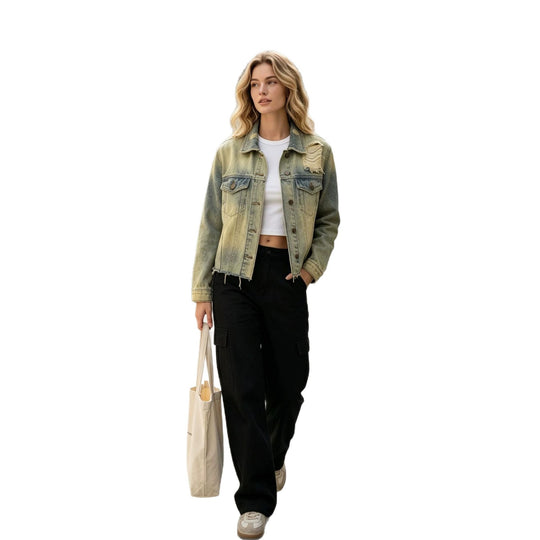 Damen nan kurze Denimjacke im Destroyed-Look mit Brusttaschen und rohem Saum EB