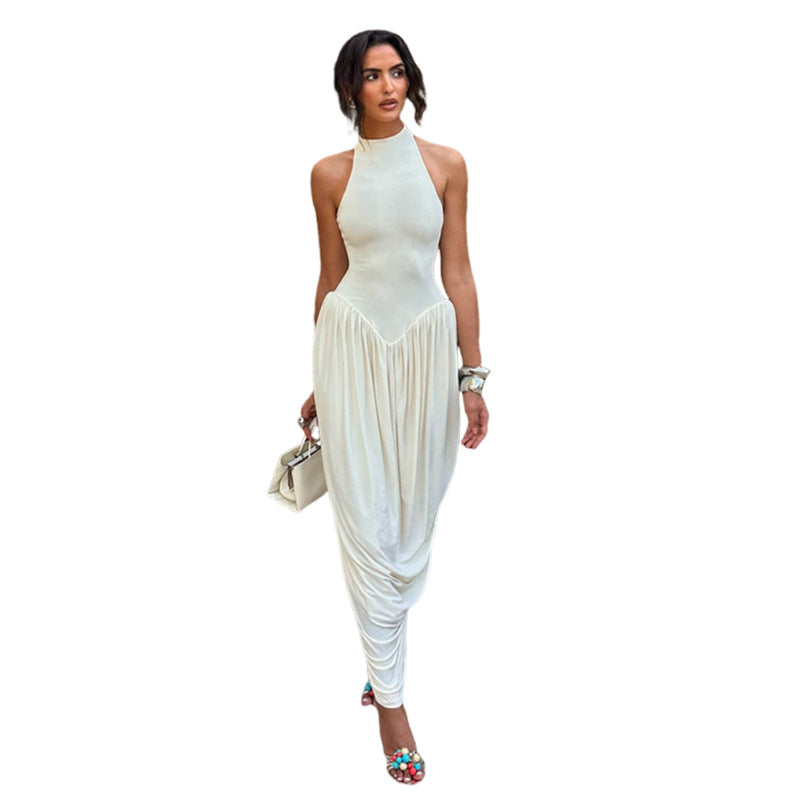 Damen Elegantes Maxi-Jumpsuit mit hohem Kragen und fließendem Saum EB