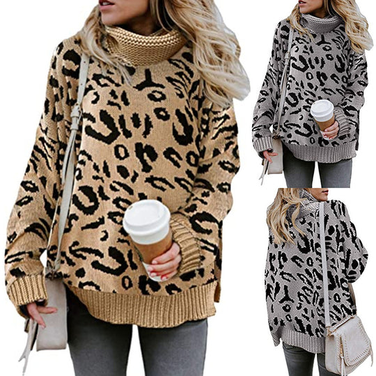 Damen Oversized Strickpullover mit Leopardenmuster und hohem Kragen EB