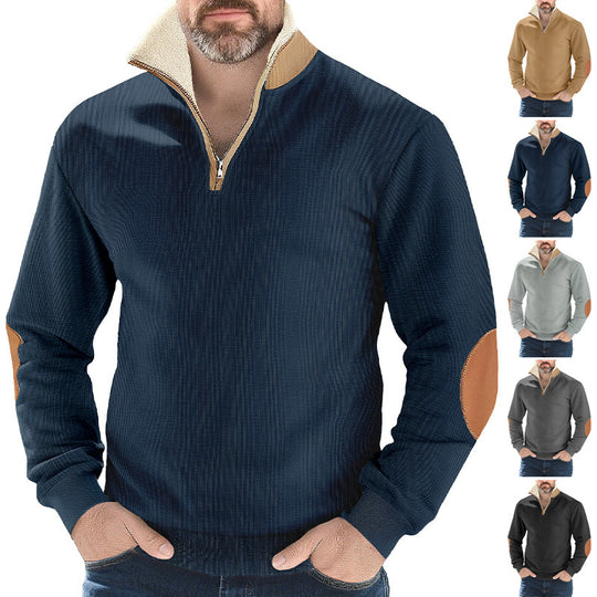 Herren nan Strukturstrick-Halbzipppullover mit wärmendem Sherpa-Kragen und Velours-Ellenbogenapplikation EB