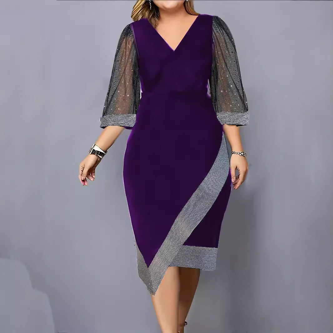 Damen Elegantes Cocktailkleid mit transparenten Puffärmeln und asymmetrischem Saum EB