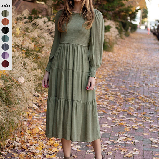 Damen Maxikleid mit schickem Smock-Oberteil und voluminösen Puffärmeln EB