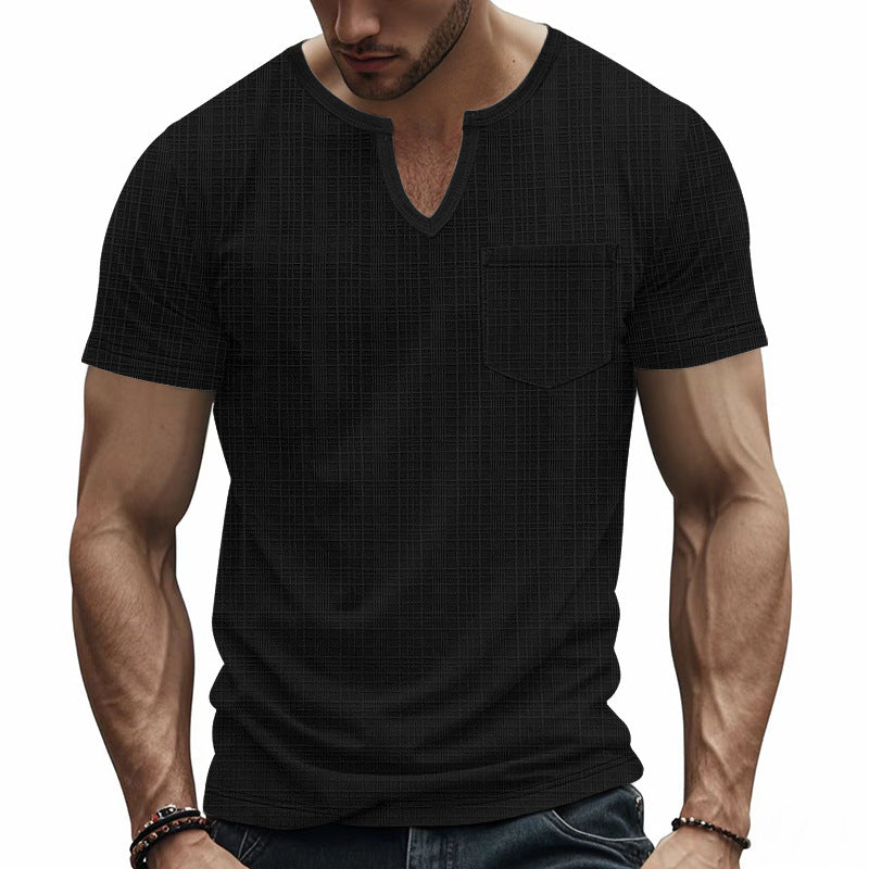Herren nan Kurzarmshirt mit geschlitztem V-Ausschnitt strukturierter Leinenoptik und aufgesetzter Brusttasche EB