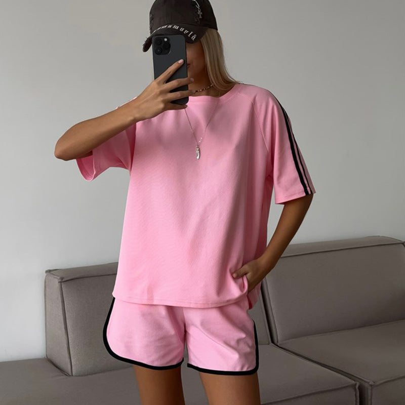 Damen lässiges Kurzarm-Set aus T-Shirt und Shorts mit Kontrastnähten EB