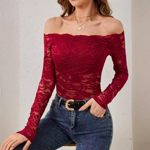 Damen Spitzenoberteil mit schulterfreiem Design und langen Ärmeln EB