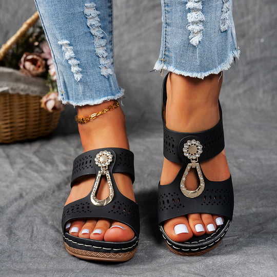 Damen elegante Wedge-Pantoletten mit Dekorativem Schmuckakzent EB