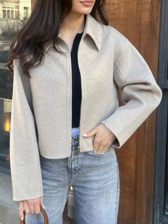 Damen nan kaschmirähnliche Wolljacke mit durchgehendem Reißverschluss, oversized Schnitt und Hemdkragen EB