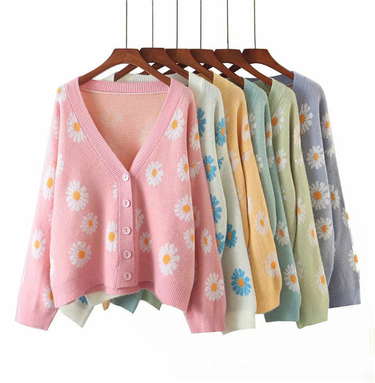 Damen Strickjacke mit Blumenmuster und V-Ausschnitt EB