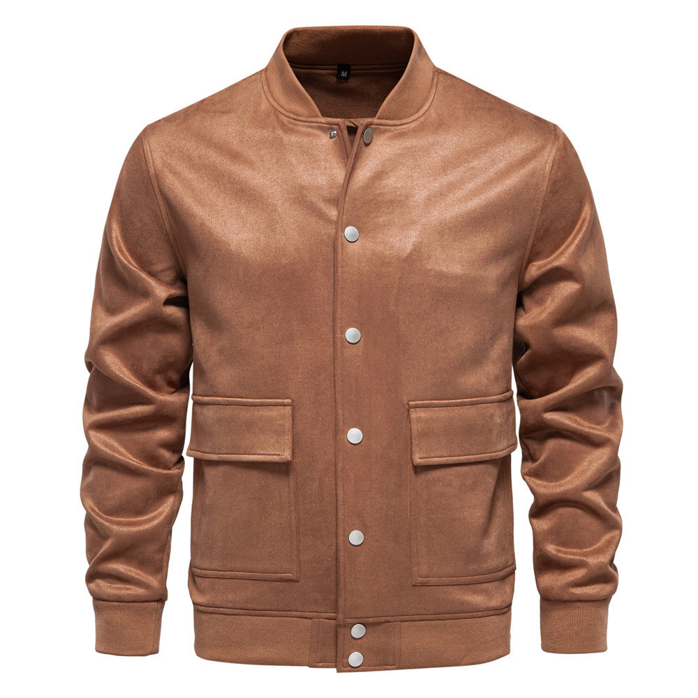 Herren nan Wildlederoptik-Collegejacke mit Druckknopfverschluss, Pattentaschen und geripptem Saum EB