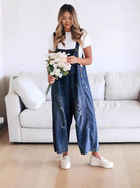 Damen nan lässige verwaschene Latzhose aus Jeansstoff mit Rissen und weitem Bein EB