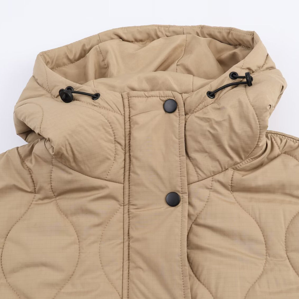 Damen gesteppte Übergangsjacke mit Kapuze und großen Taschen EB