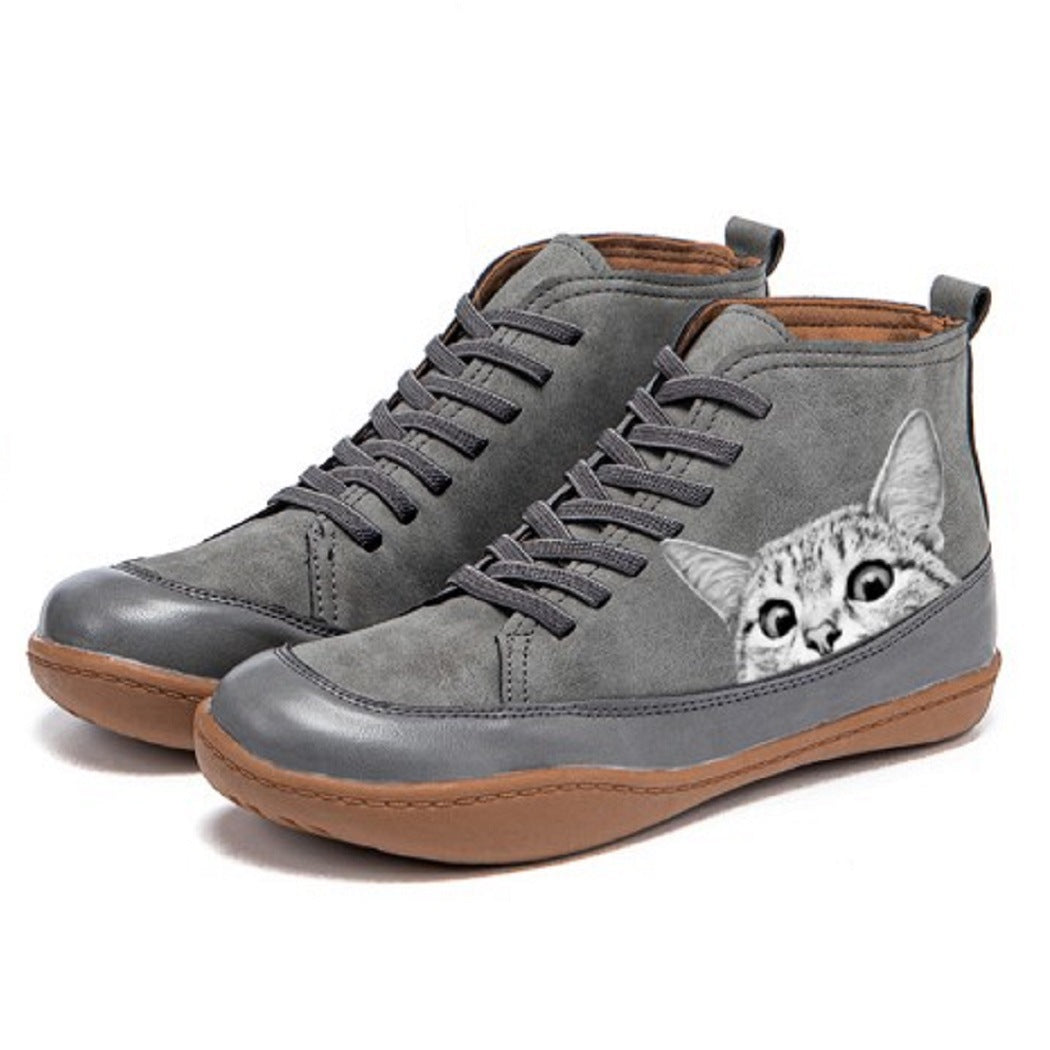 Damen nan knöchelhohe Sneaker mit niedlichem Katzenmotiv Stickerei und ergonomischem Komfortfußbett EB