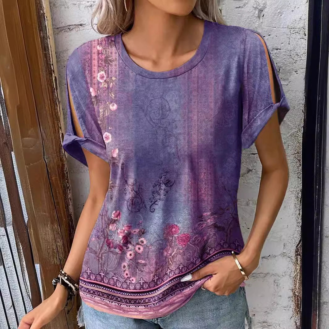 Damen T-Shirt mit floralem Muster und cut-out Ärmeln EB