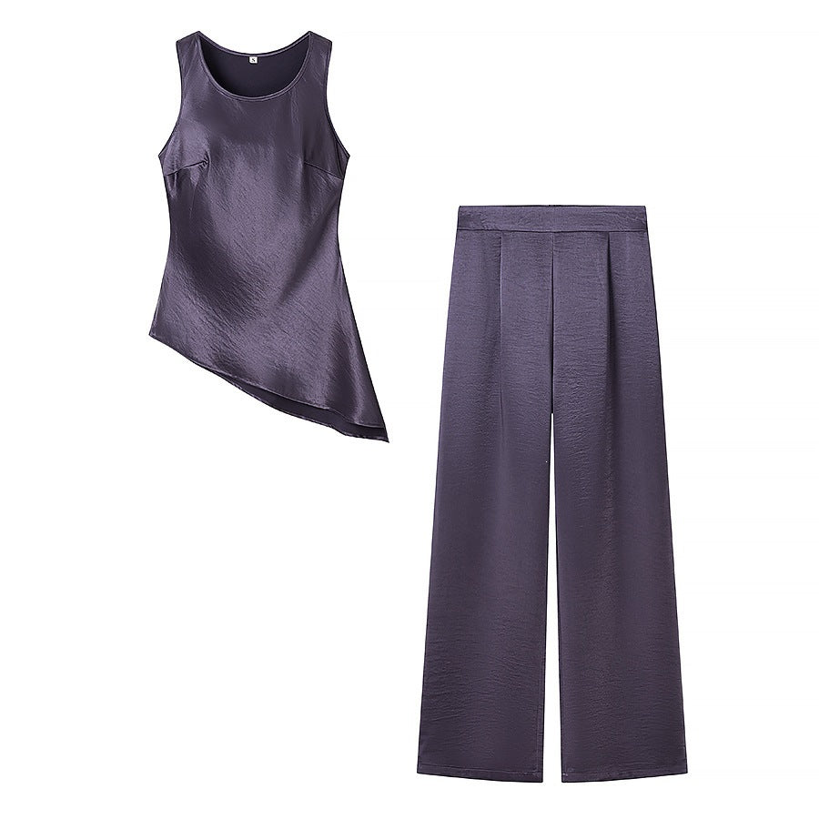 Damen Set bestehend aus elegantem Oberteil mit asymmetrischem Saum und weit geschnittener Hose EB
