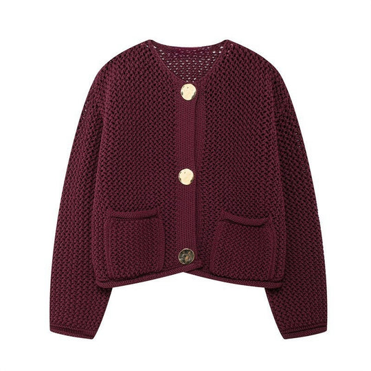 Damen luftige Strickjacke mit durchbrochenem Muster und praktischen Taschen EB