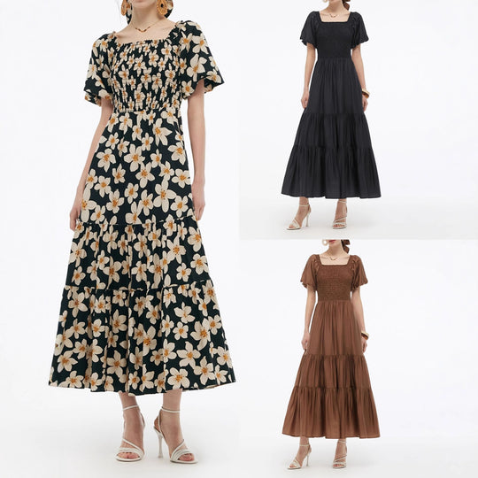 Damen Maxikleid mit voluminösem Rock und Blumenmuster EB
