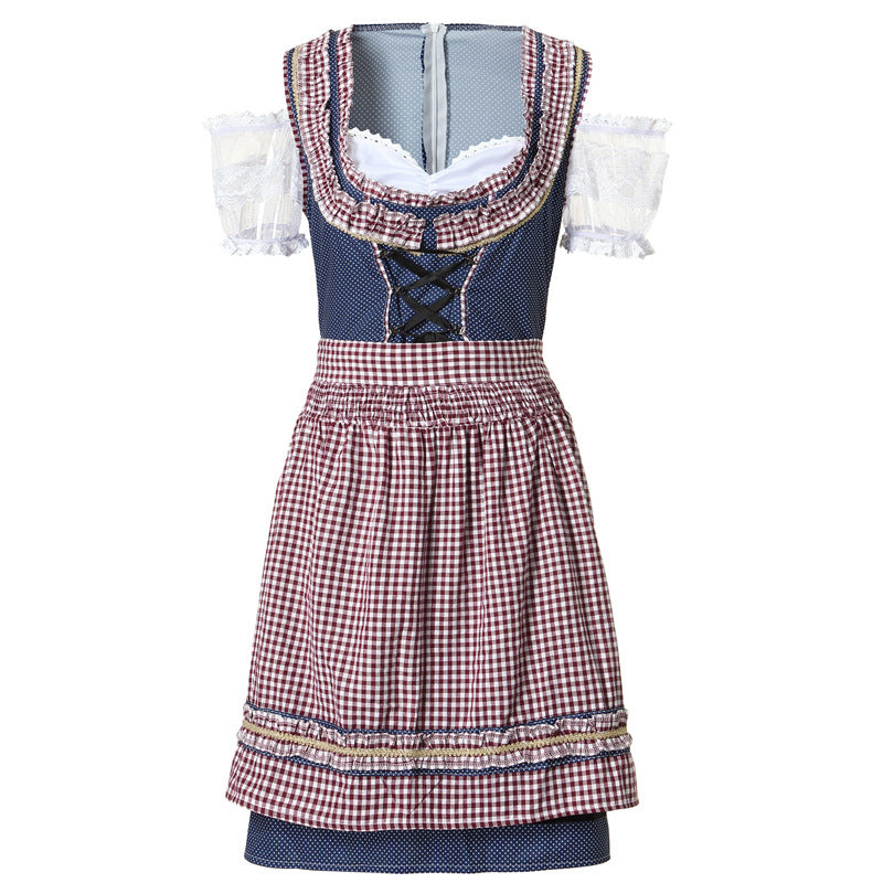 Damen nan traditionelles Dirndlkleid mit kariertem Schürzenrock, Schnürung und Spitzenärmeln EB