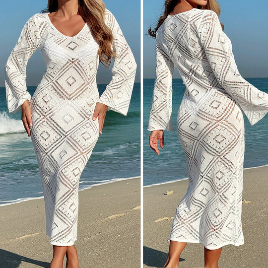 Damen Häkel-Strandkleid mit weit ausgestellten Ärmeln und geometrischem Muster EB