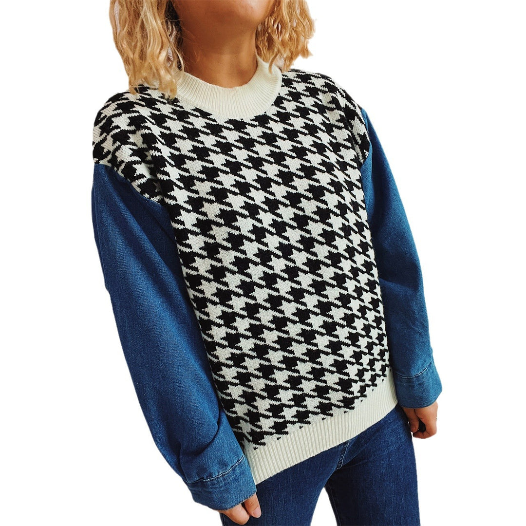 Damen Strickpullover im modernen Hahnentrittmuster mit lässigen Denim-Ärmeln EB