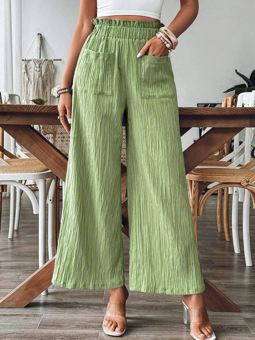 Damen Weitgeschnittene Leinenhose mit elastischem Bund und praktischen Taschen EB