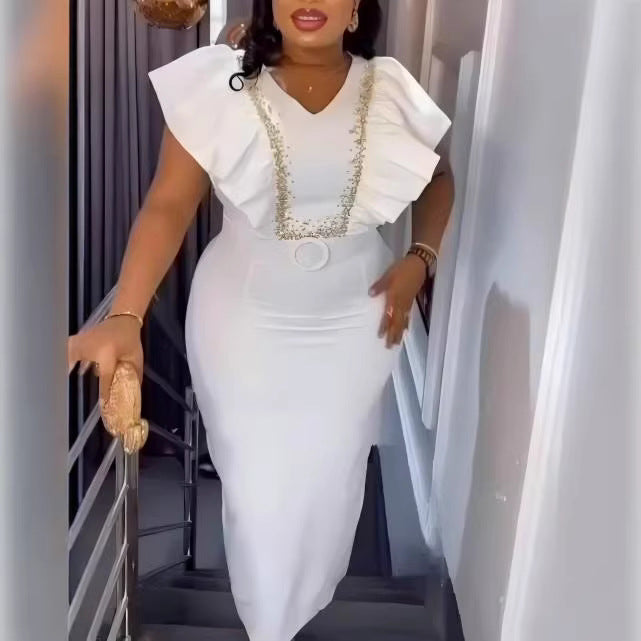 Damen Elegantes Maxikleid mit dekorativen Rüschen und schimmerndem Gürtel EB