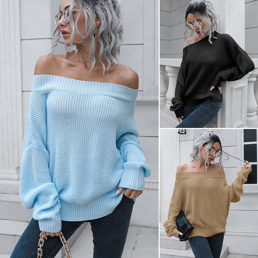 Damen Off-Shoulder Strickpullover mit lässigem Schnitt und voluminösen Ärmeln EB