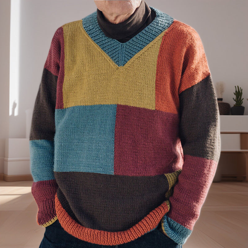 Herren gemusterter Pullover mit Farbblockdesign und modernem V-Ausschnitt EB