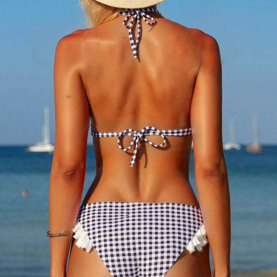 Damen Triangel-Bikini mit Rüschendetails und kariertem Design EB