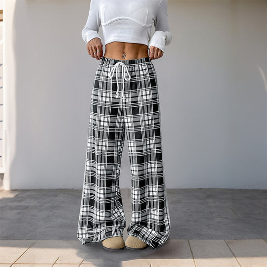 Damen weite Freizeithose mit Karo-Muster und verstellbarem Bund EB