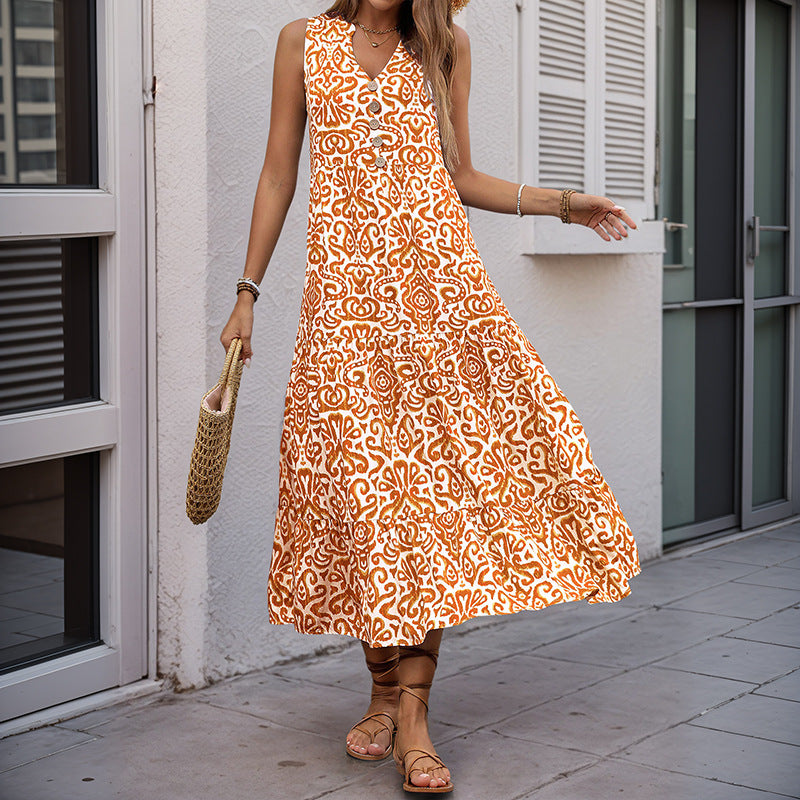 Damen Maxikleid mit romantischem Muster und tiefem V-Ausschnitt EB